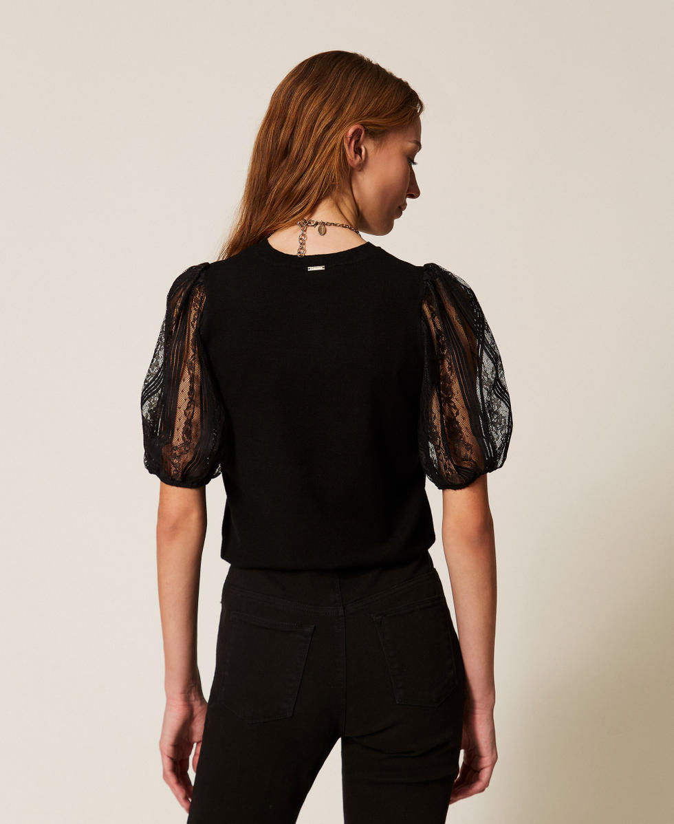 Pull avec manches courtes en dentelle Noir Femme 261TP3431_00006_03