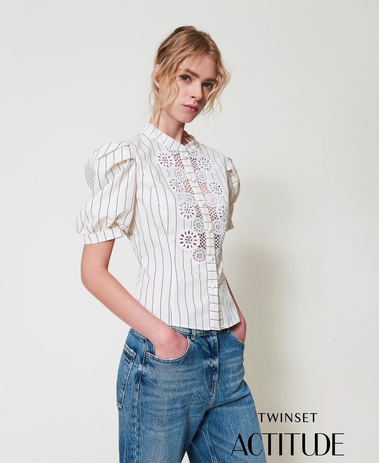 Camicia in popeline con macramè Beige "Angorra" / Nero Stripes Donna 251AP2483_12235_PA