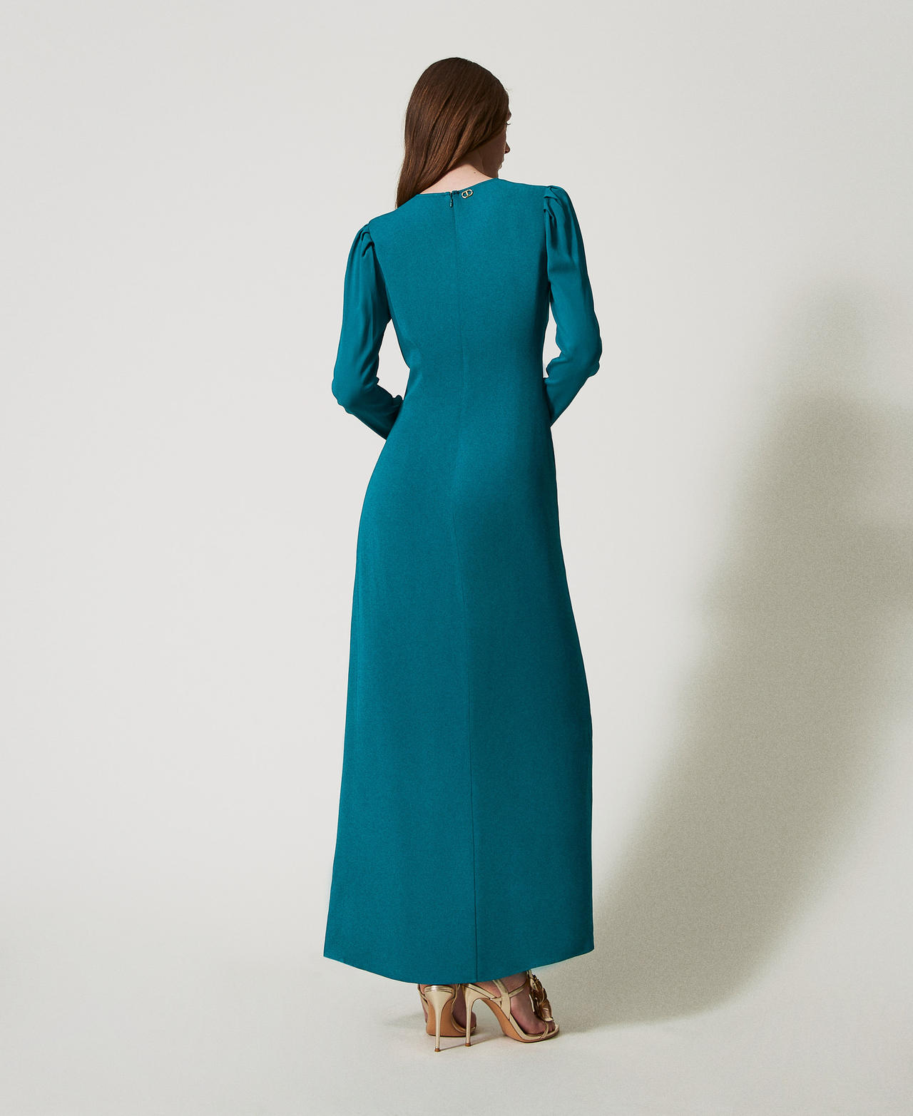 Long dress in cr&ecirc;pe de Chine Dark Emerald Sea Woman 251TP2143_12293_03