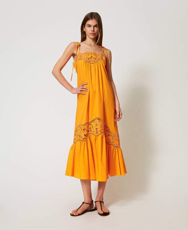 Long dress in broderie anglaise poplin
