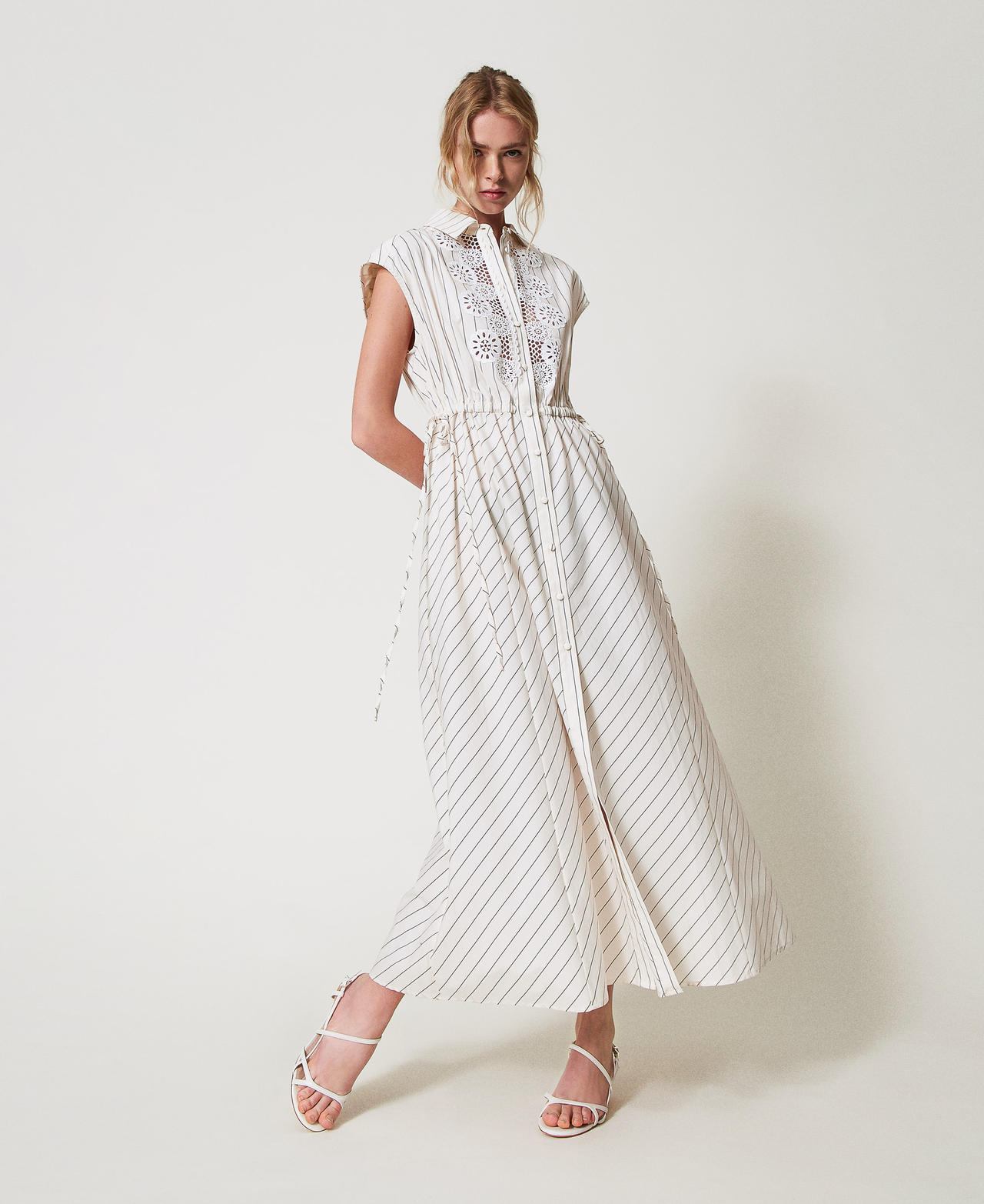 Long poplin dress with macramé Angora Beige/Black Stripes Woman 251AP2486_12235_01