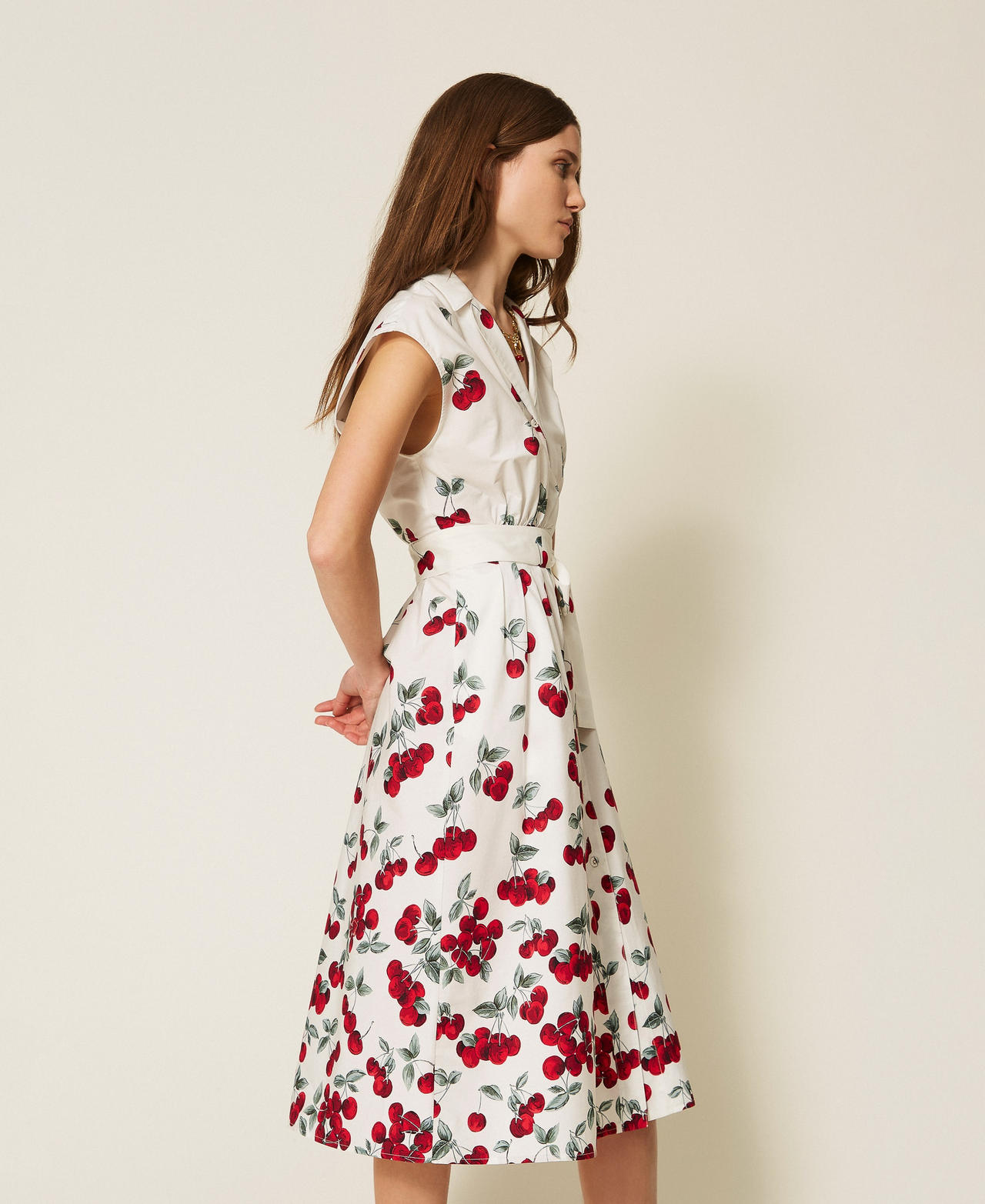 Robe midi en popeline avec imprimé cerises