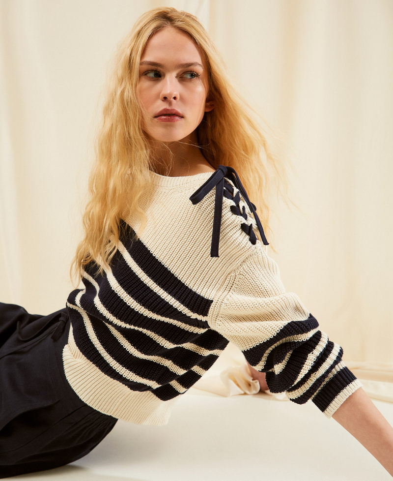 Striped boxy jumper Ivory/Light Blue Night Stripes Woman 261TP3281_13386_PC
