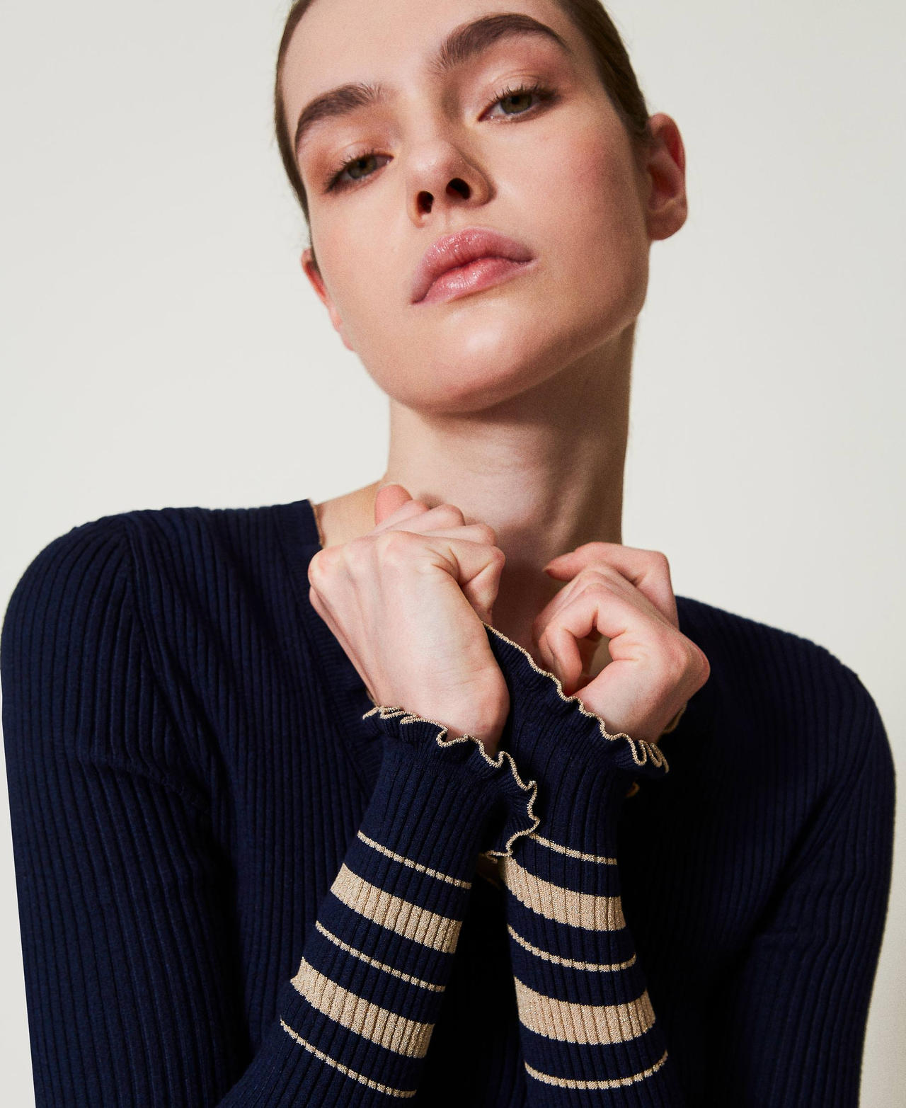 Rib knit jumper with lurex stripes Two-tone Blue Night/Rope Beige Gold Lurex Woman 251TP3422_12335_PD