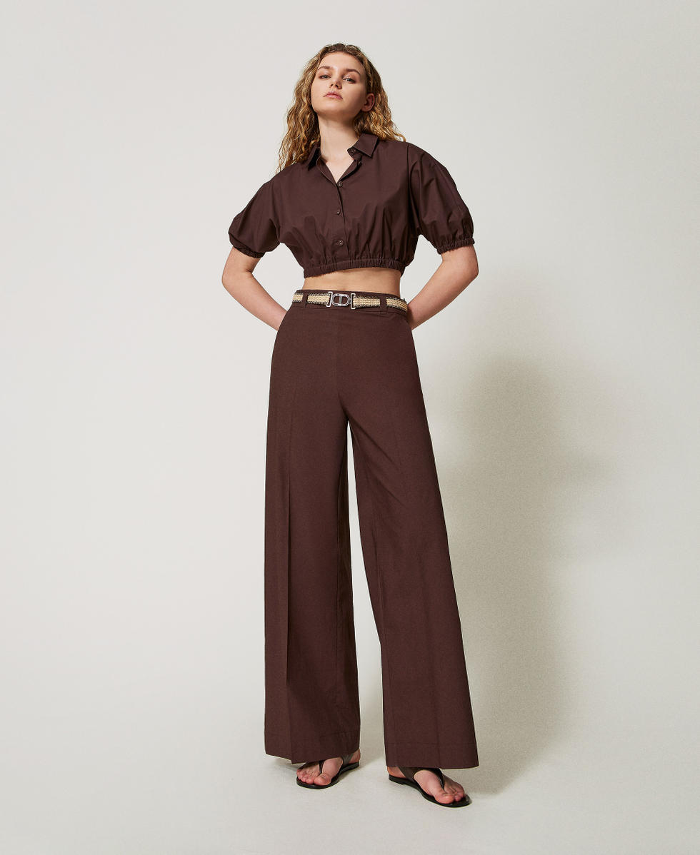 Pantalones palazzo de popelina con cintur&oacute;n Caf&eacute; Mujer 251TT2105_00203_01