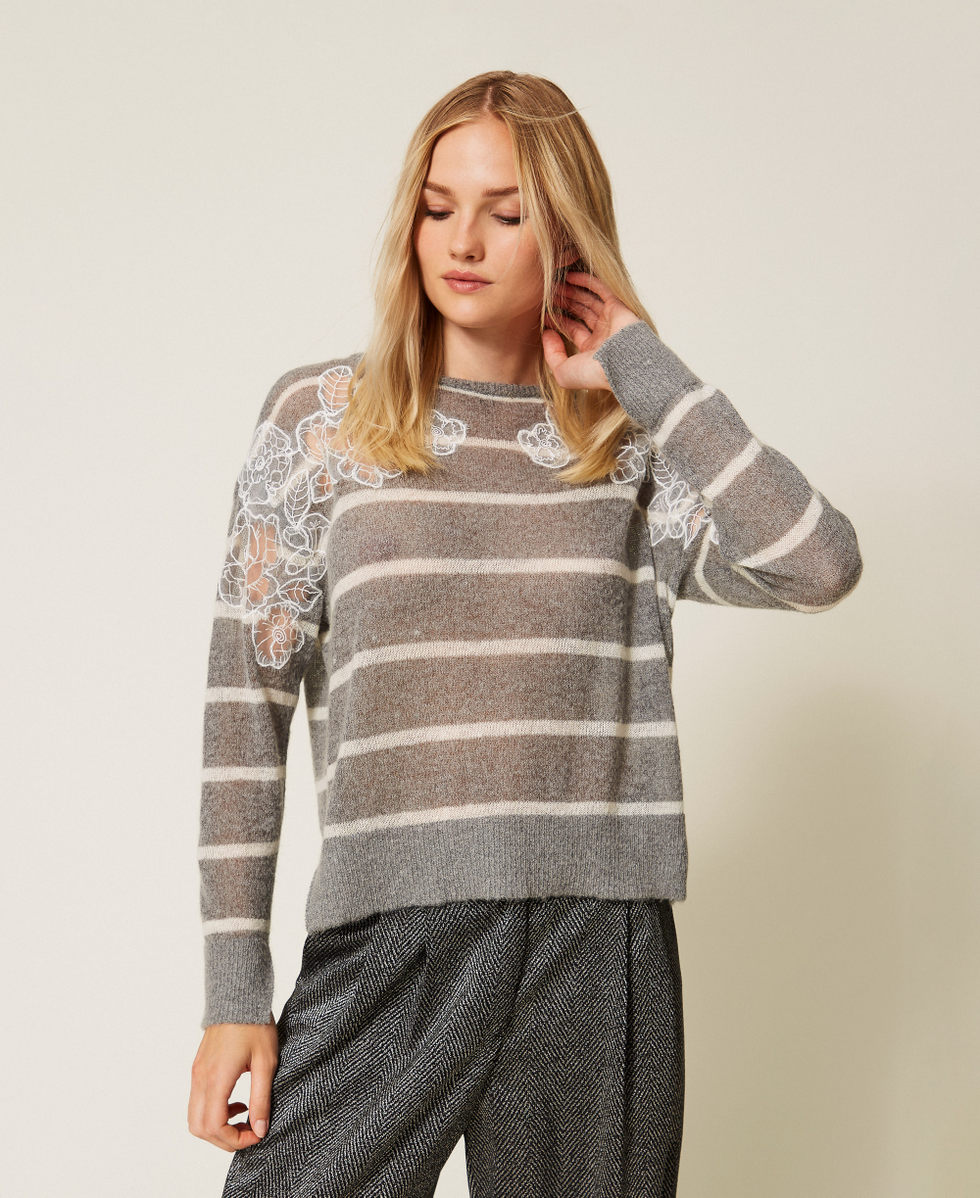 Mohair blend jumper with lace and slits Grey Melange/Snow White Stripe Woman 252TP3252_12756_01