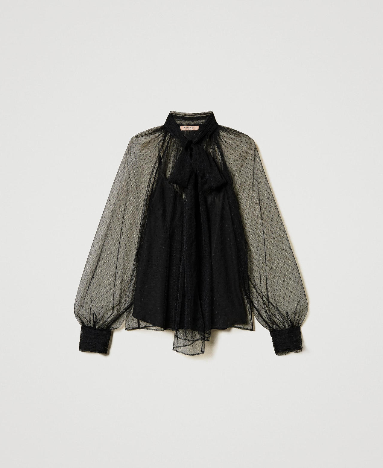 Tüllbluse mit Bindeschleife Schwarz Frau 251TP2514_00006_0S