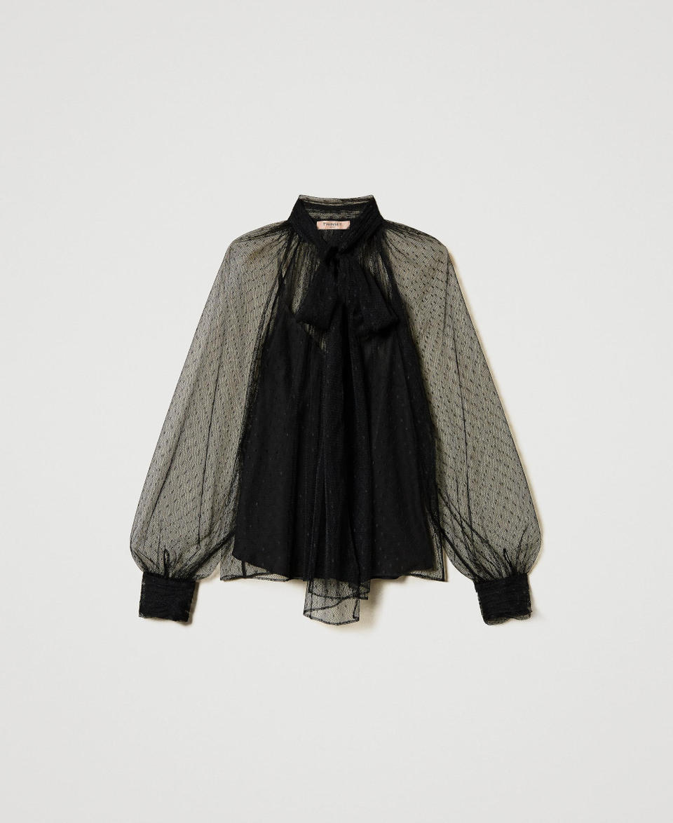 Blusa in tulle con collo a fusciacca Nero Donna 251TP2514_00006_S0