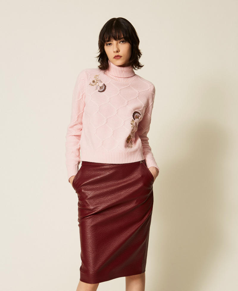Turtleneck wool jumper with floral embroidery Rose Smoke Woman 262AP3190_00496_01