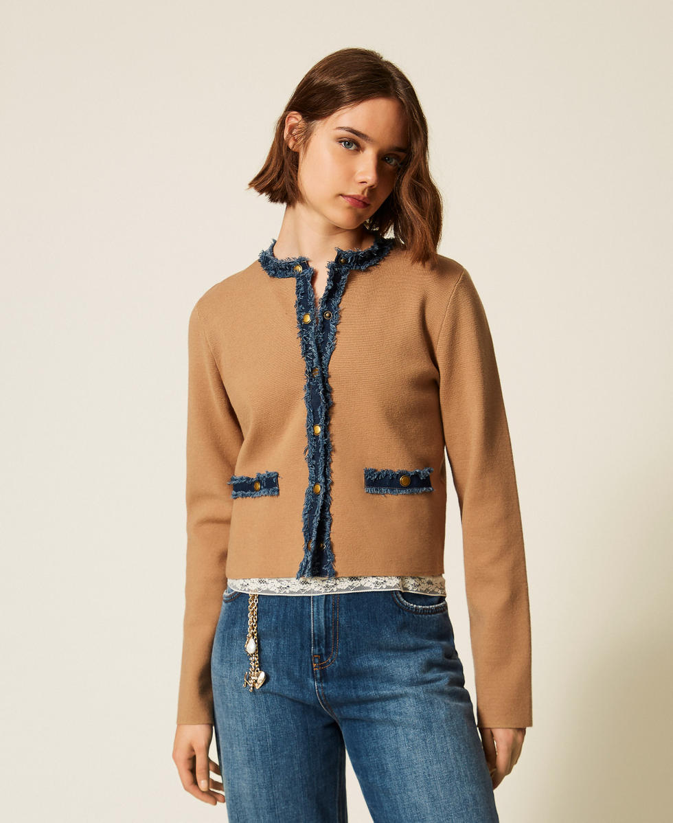 Fitted cardigan with denim trim "Dune" Beige/Denim Woman 262LI3GAA_13721_01
