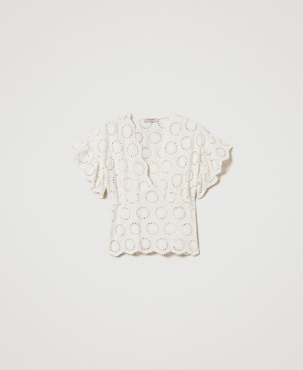 Bluse mit Lochstickereien und Fl&uuml;gel&auml;rmeln Wei&szlig; Schnee Frau 251TT2364_00282_S0