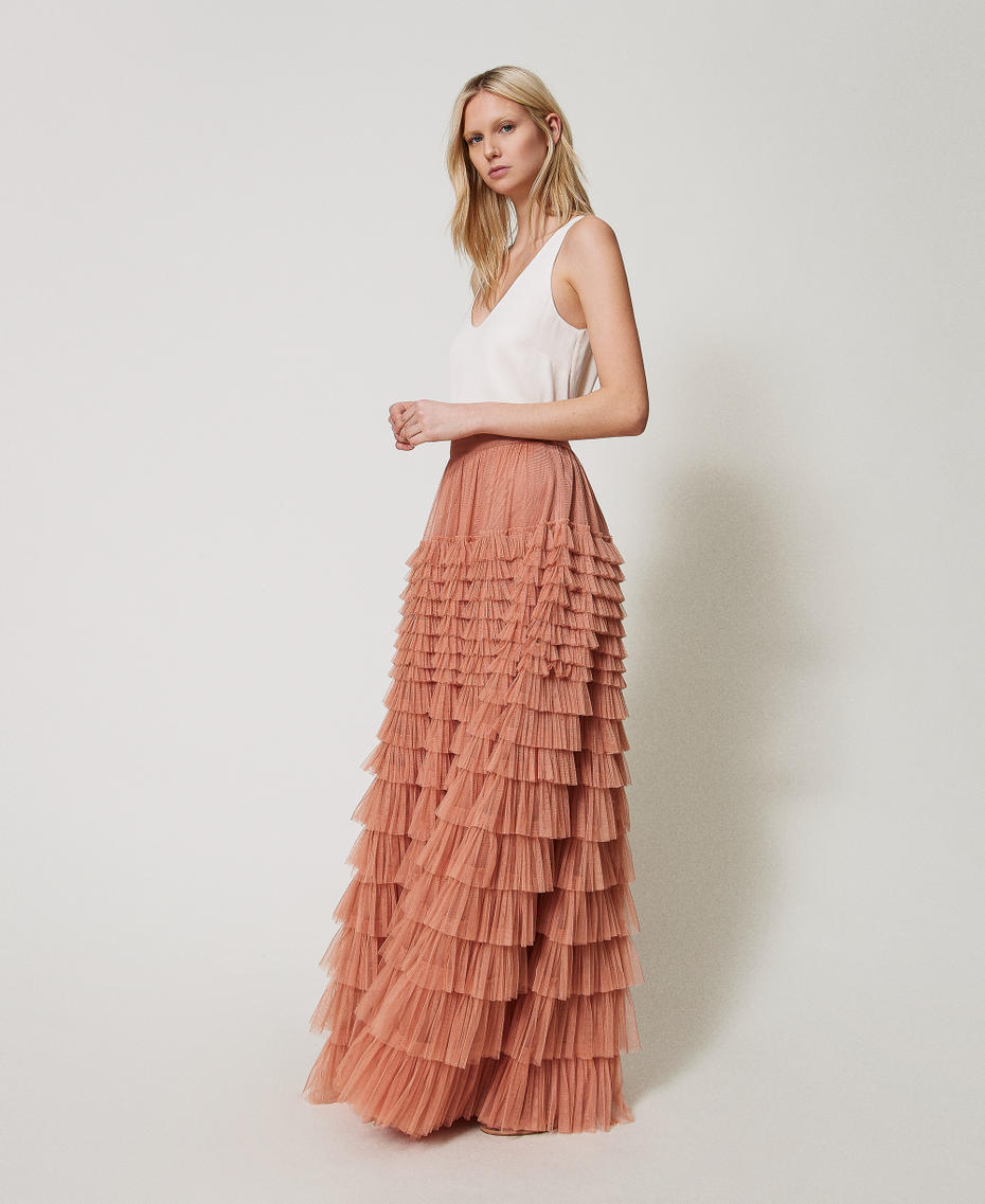 Jupe longue en tulle avec volants Dusty Coral Femme 251TQ2041_12364_02