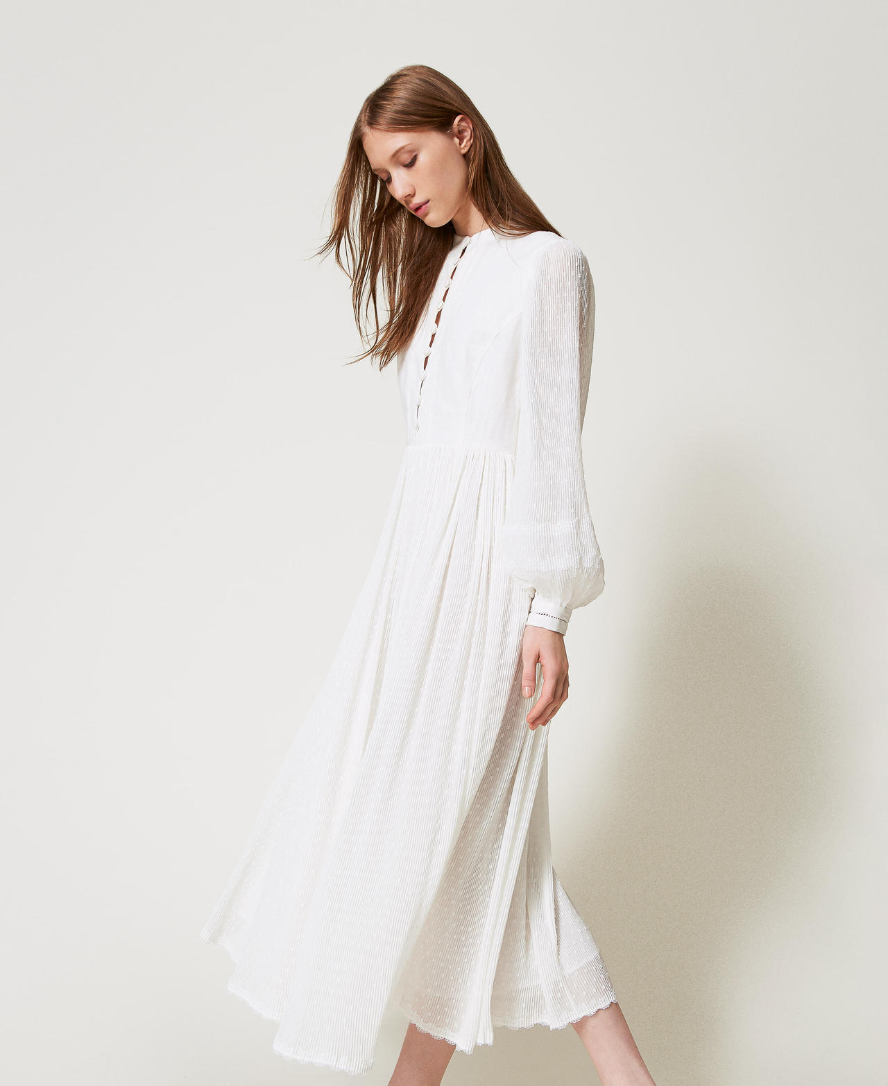 Maxikleid aus Leinenmischung und Plumetis Wei&szlig; Schnee Frau 251TP2063_00282_02