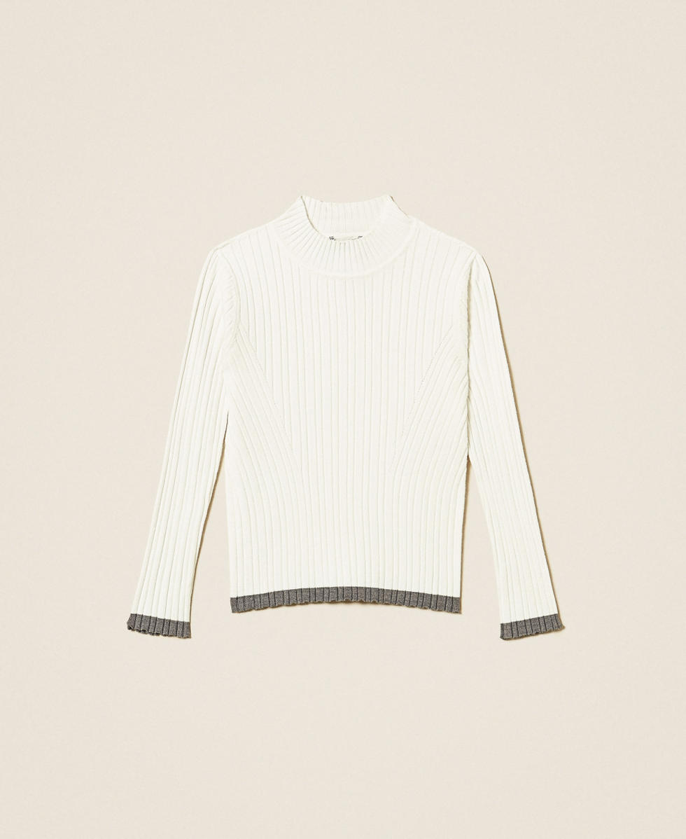 Pull c&ocirc;tel&eacute; fille avec col montant Bicolore Blanc "Neige"/Gris Fonc&eacute; Chin&eacute; Fille 262GB3011_13886_S0