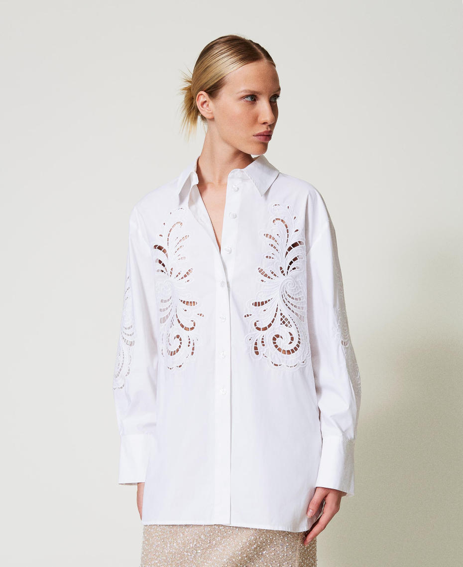 Camicia oversize in popeline con ricamo Bianco Donna 251TP2170_00001_01