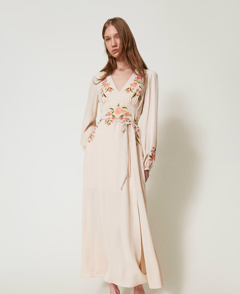 Long dress with floral embroidery Beige/Multicolour Flowers Embroidery Woman 251TP2470_12306_02