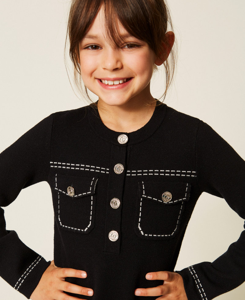Short knitted dress with stitching Black/"Snow" White Stitching Girl 262GJ3022_13894_04