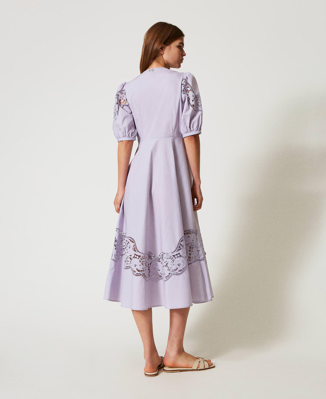 Long dress in broderie anglaise poplin Lilac Flowers Woman 251TT2330_00703_03