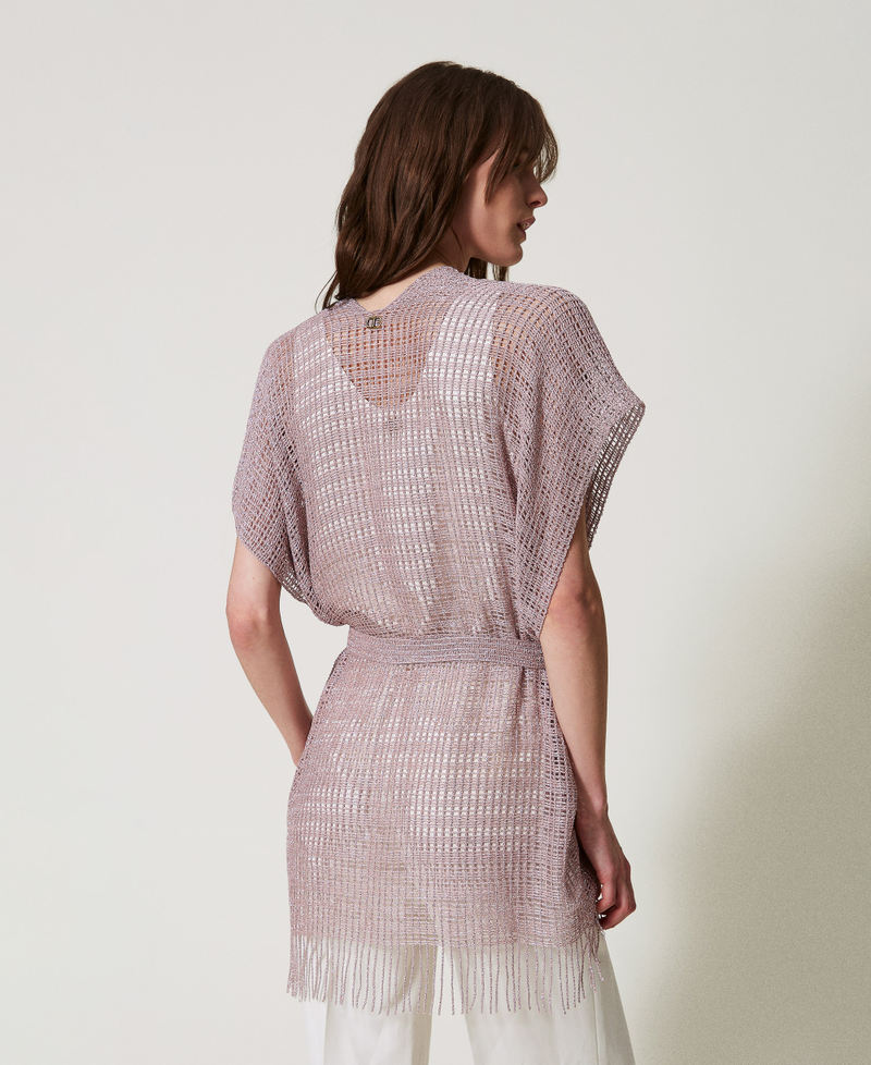 Short mesh and lurex kaftan with fringes Lilac Flowers Woman 251TO5190_00703_03