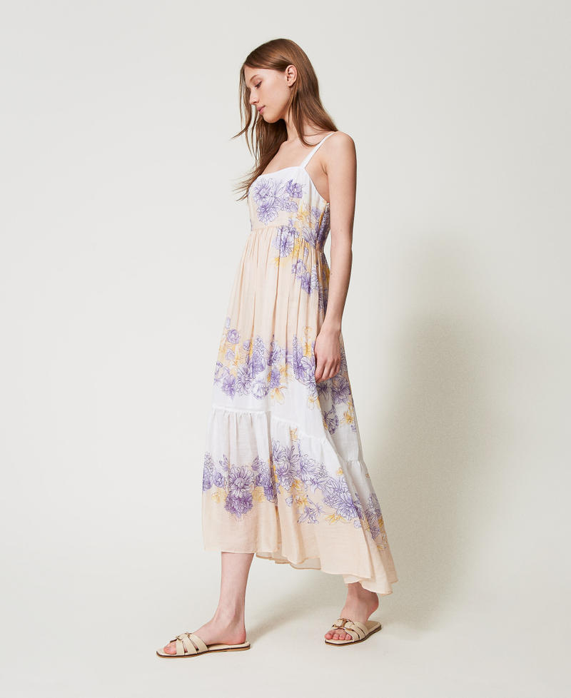 Long floral ramie bustier dress Flowers/Cold Lavender Hummingbird/Yellow Print Woman 251TT206B_12512_02