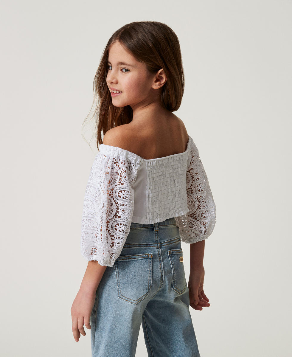 Top con mangas abullonadas de encaje macram&eacute; Blanco "Ice" Ni&ntilde;a 251GJ2QR9_00808_03