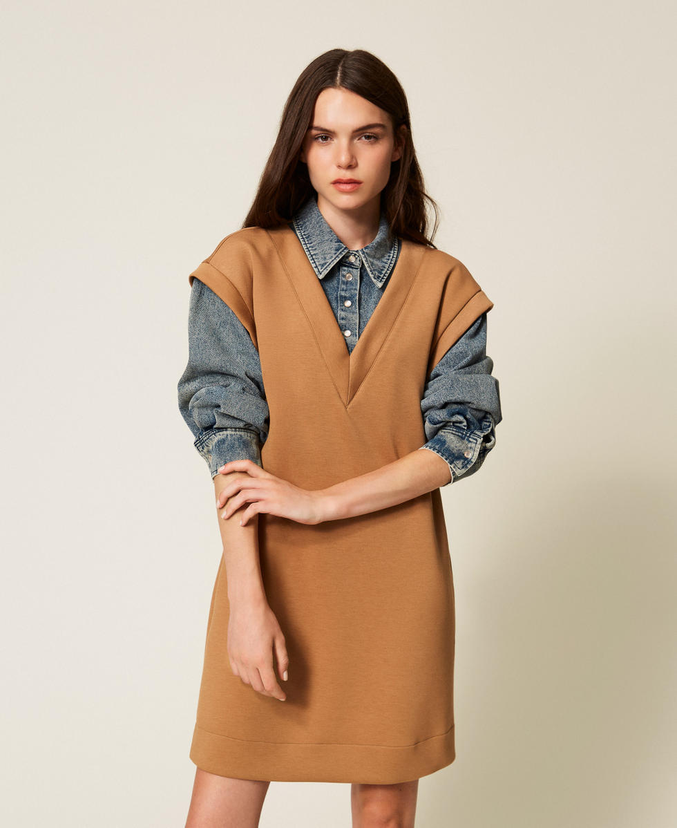 Vestido corto de tejido scuba y vaquero Bicolor Camel / Denim Mujer 252LI2PBB_12671_01