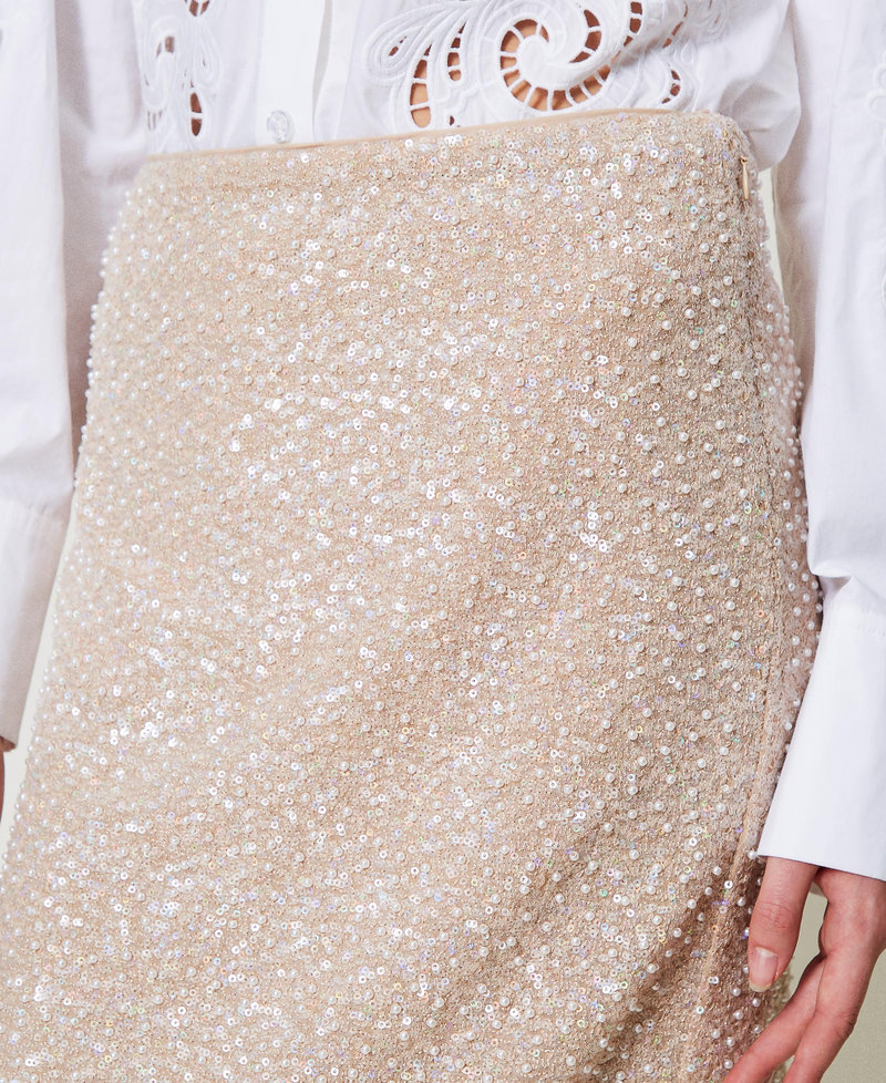 Midi skirt with sequins and pearls Snow/Delicate Beige Sequin & Pearl Embroidery Woman 251TP2200_12254_04