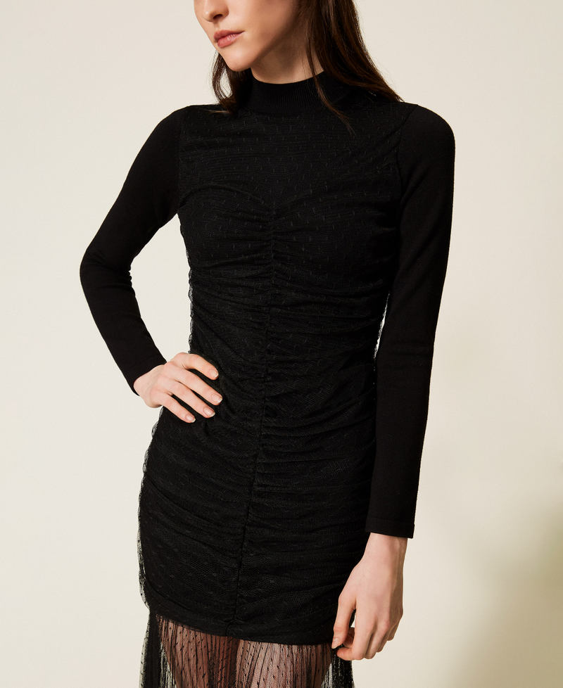 Langes Strickkleid mit Tüll Schwarz Frau 252TT3262_00006_04