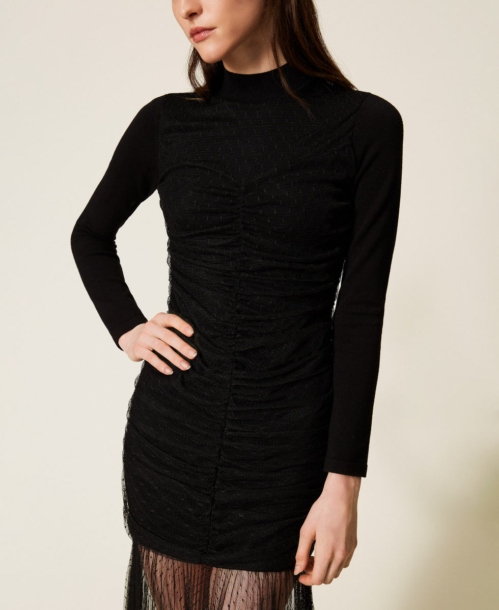 Long knit dress with tulle Black Woman 252TT3262_00006_04