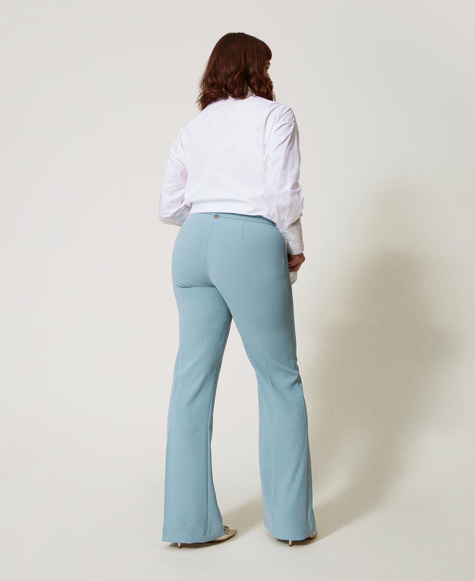Fluid cr&ecirc;pe flared fitted leg trousers Dusty Blue Woman 251TP2106_00485_03