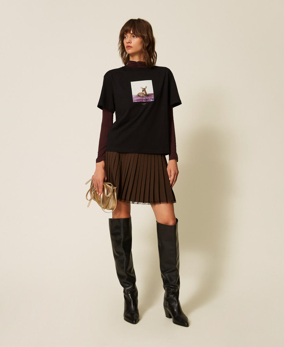 T-shirt regular ras-du-cou avec imprim&eacute; Imprim&eacute; Faon/Noir Femme 262TF2090_14114_T0