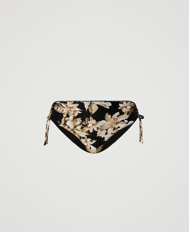 Bikini briefs with floral print and drawstring Black/Natural Beige Floral Print Woman 251LBMT99_12195_S0