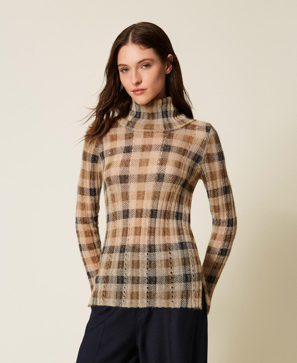 Pull en mohair m&eacute;lang&eacute; avec imprim&eacute; Carreau Camel/Noir Femme 252TT3490_13042_01