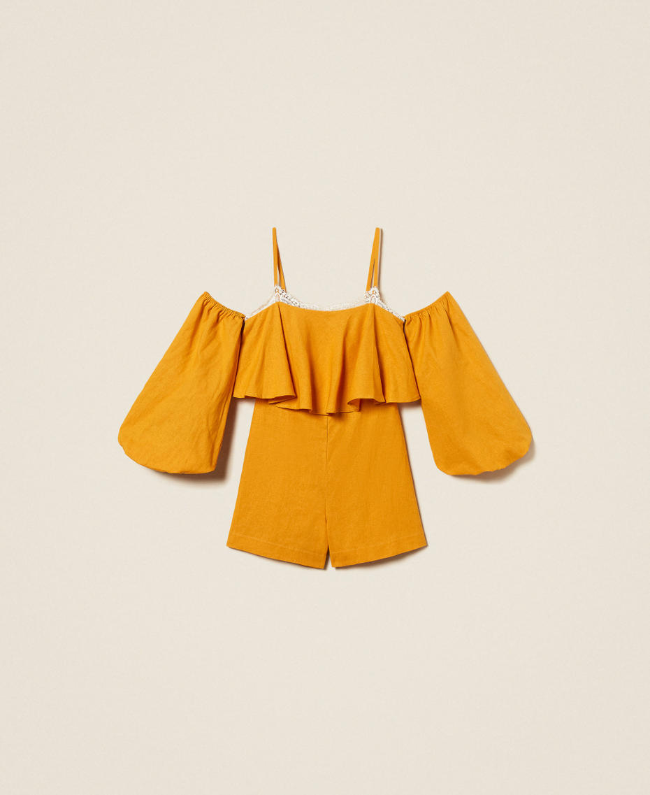 Linen blend short jumpsuit with lace Amber Orange Woman 261TF2100_13456_S0