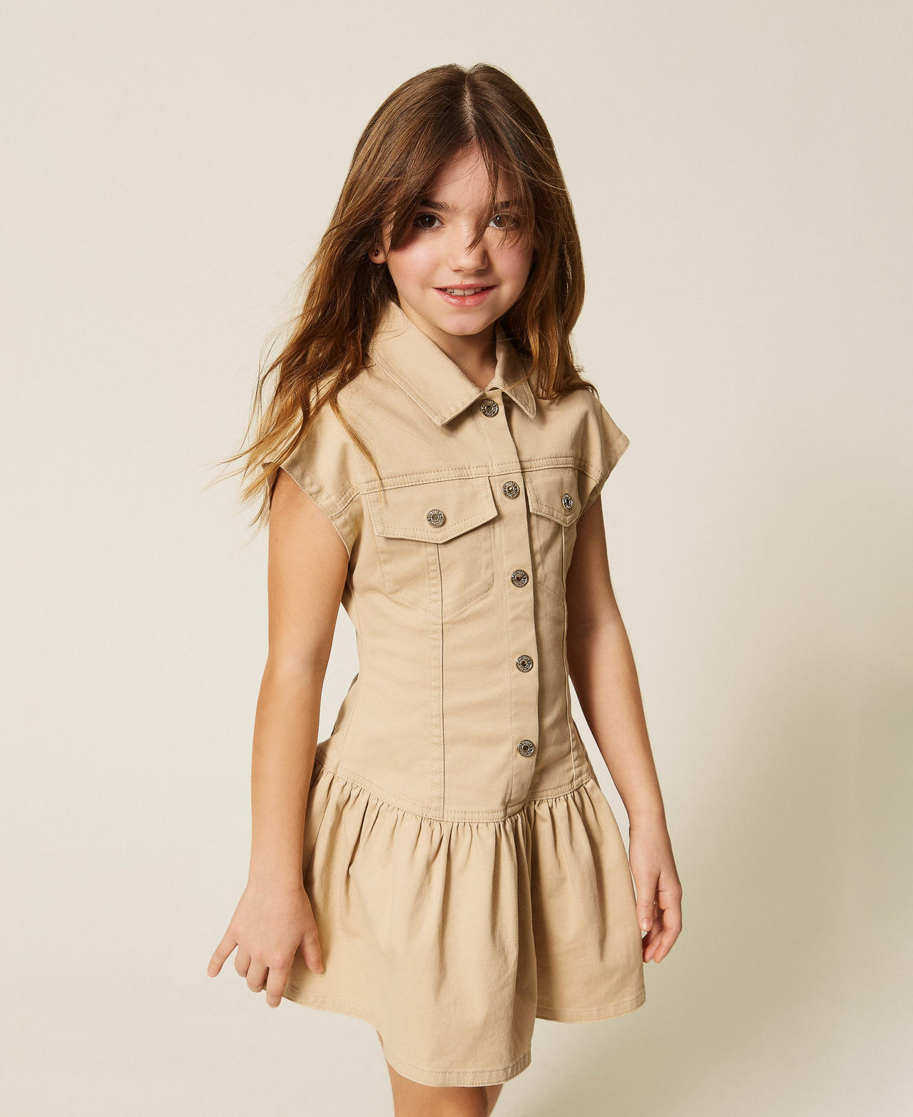 Twinset Girls Safari Beige Short Bull Denim Shirt Dress