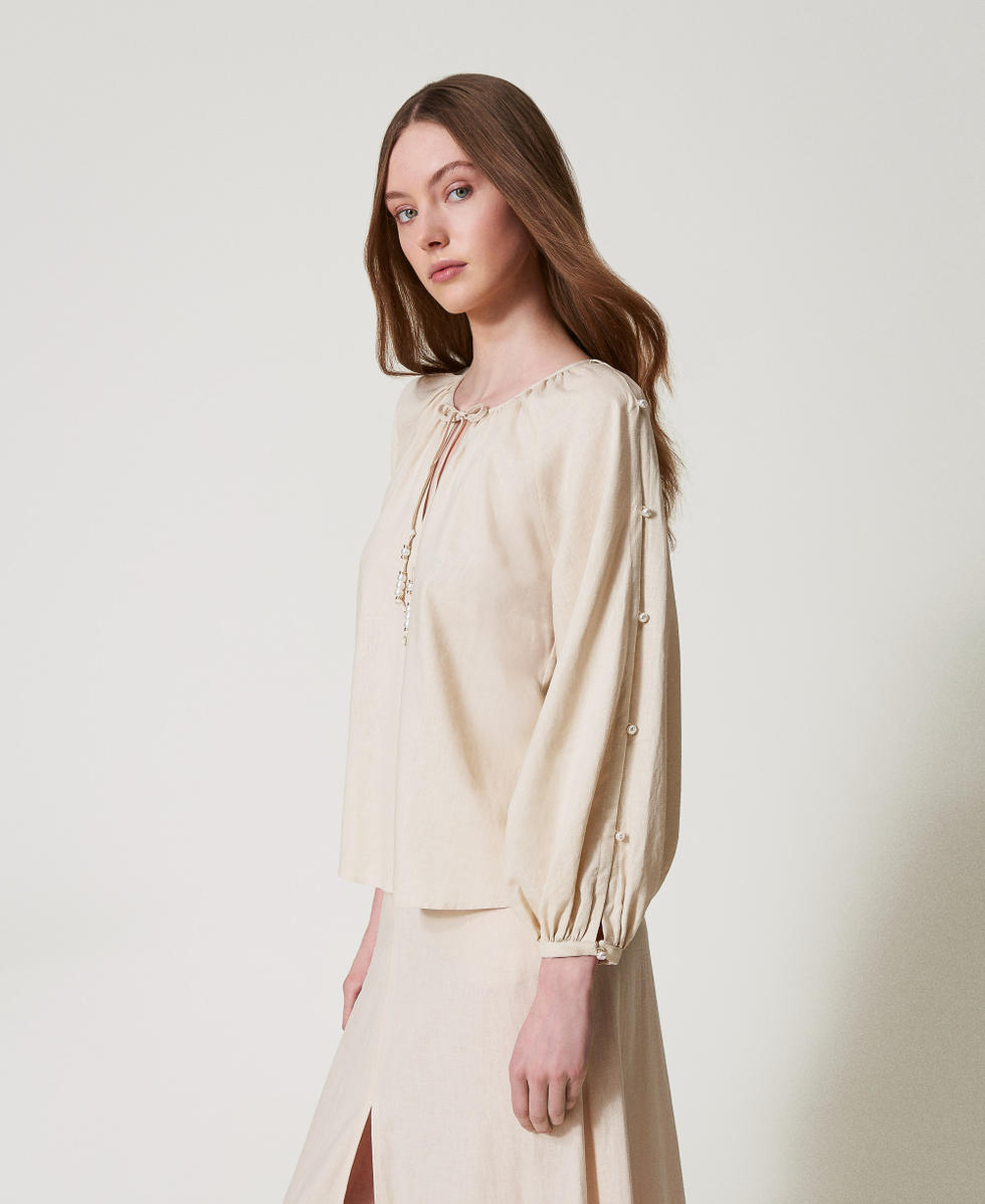 Linen-blend blouse with pearls Almond Beige Woman 251LM2QFF_12363_02