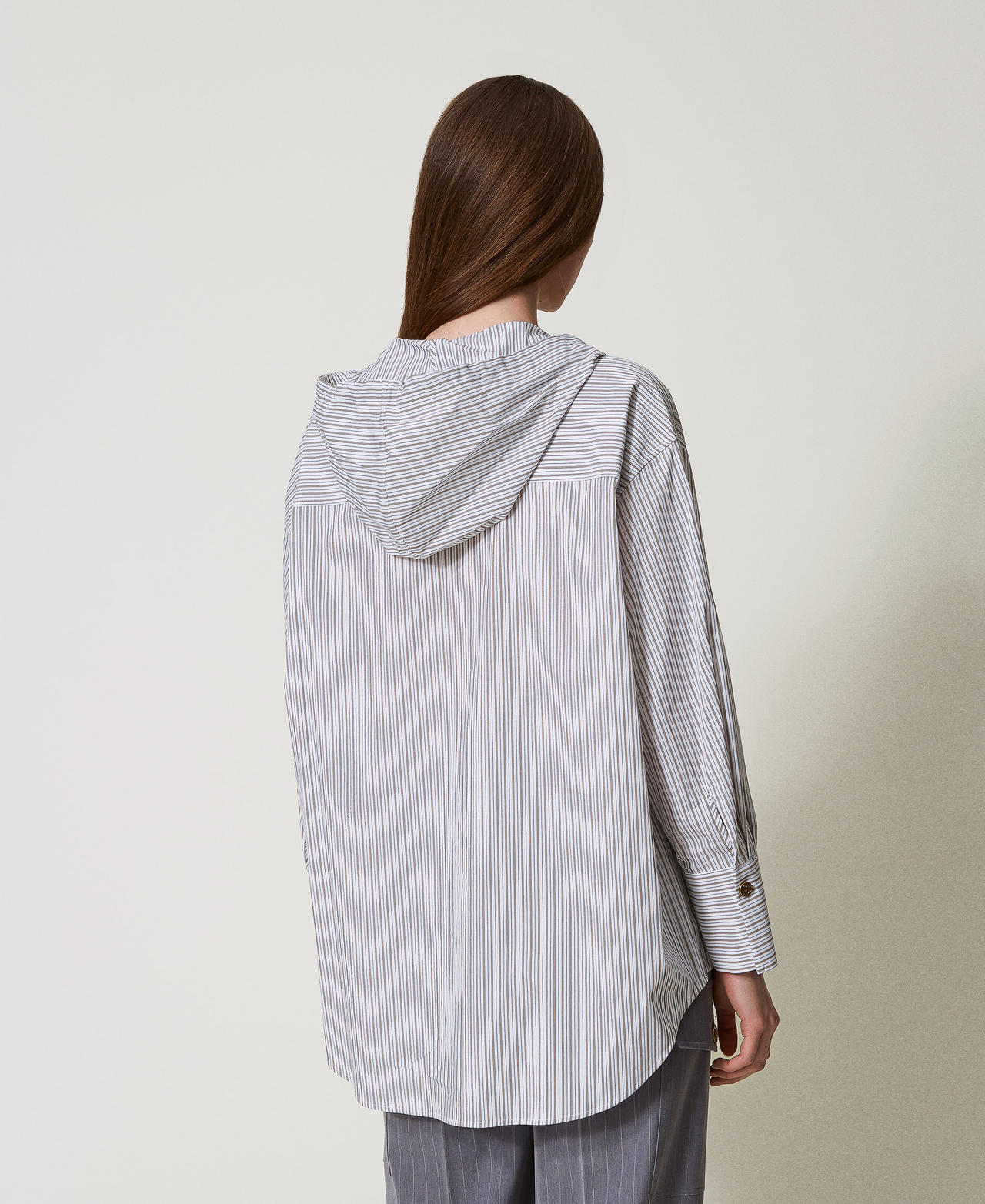Camicia in popeline a righe con cappuccio Stripes Optical White / Beige "Rope" Donna 251TE2081_12324_03
