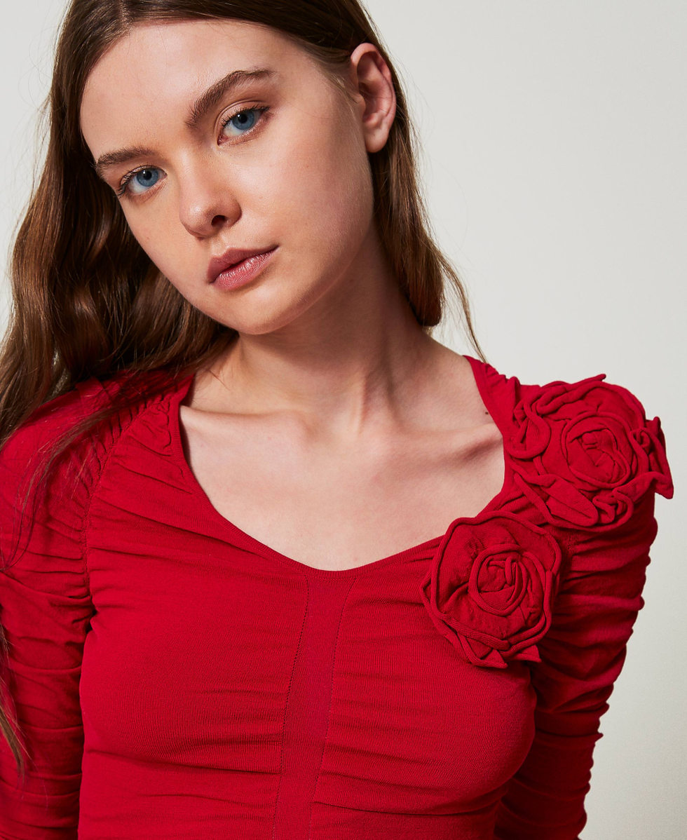 Fitted jumper with gathering and flowers Love Potion Woman 251AP3074_12120_03