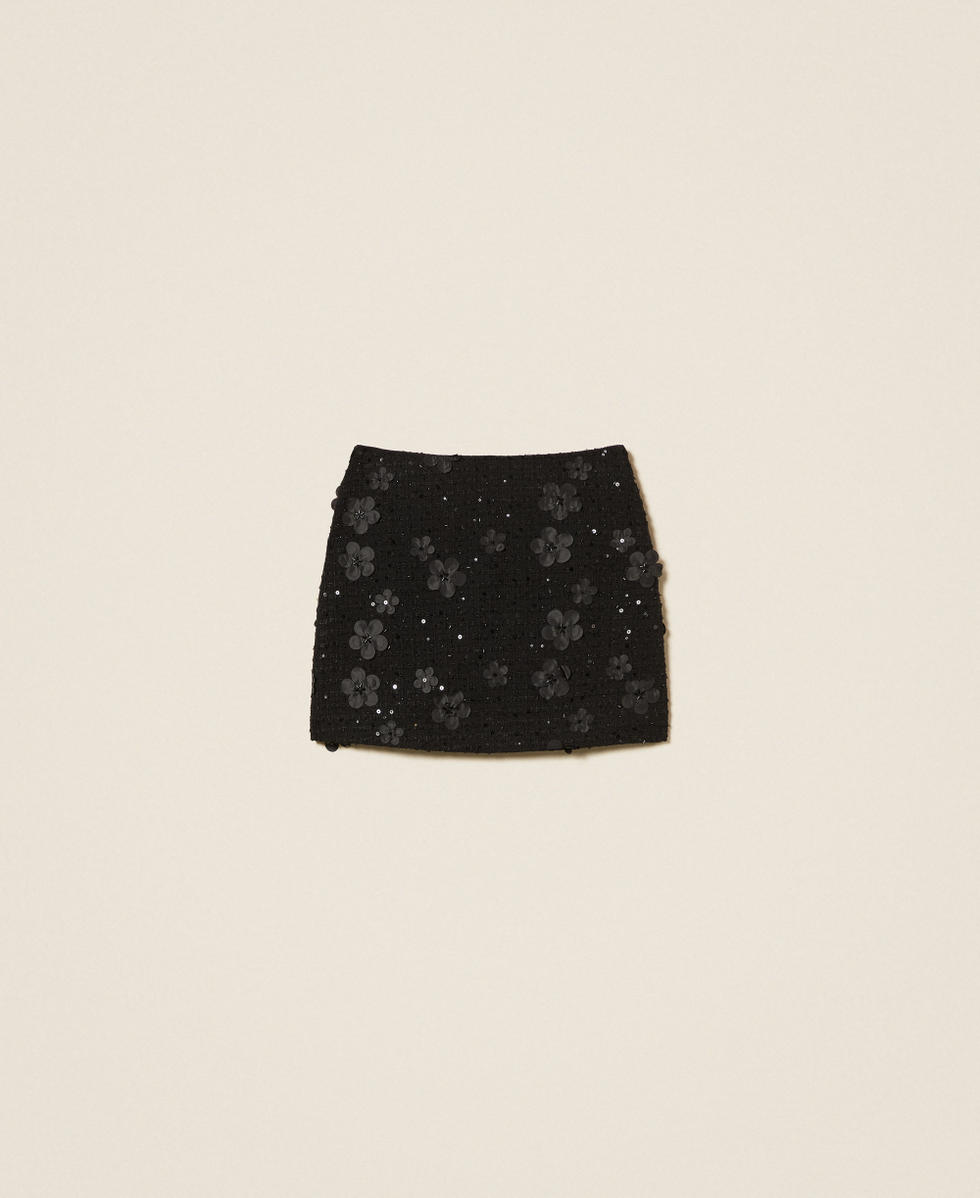 Bouclé miniskirt with flowers and sequins
