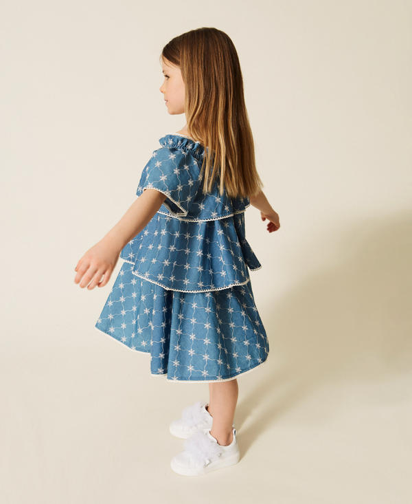 Girls&rsquo; short embroidered chambray dress