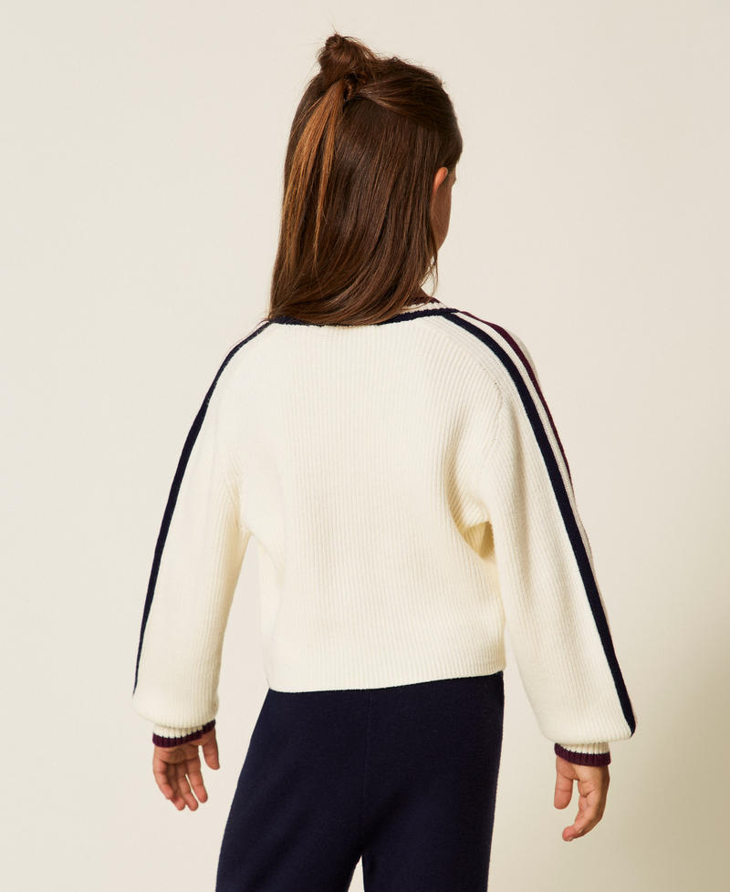 Pull côtelé avec bandes bicolores Blanc Papyrus Fille 252GJ3030_00435_03