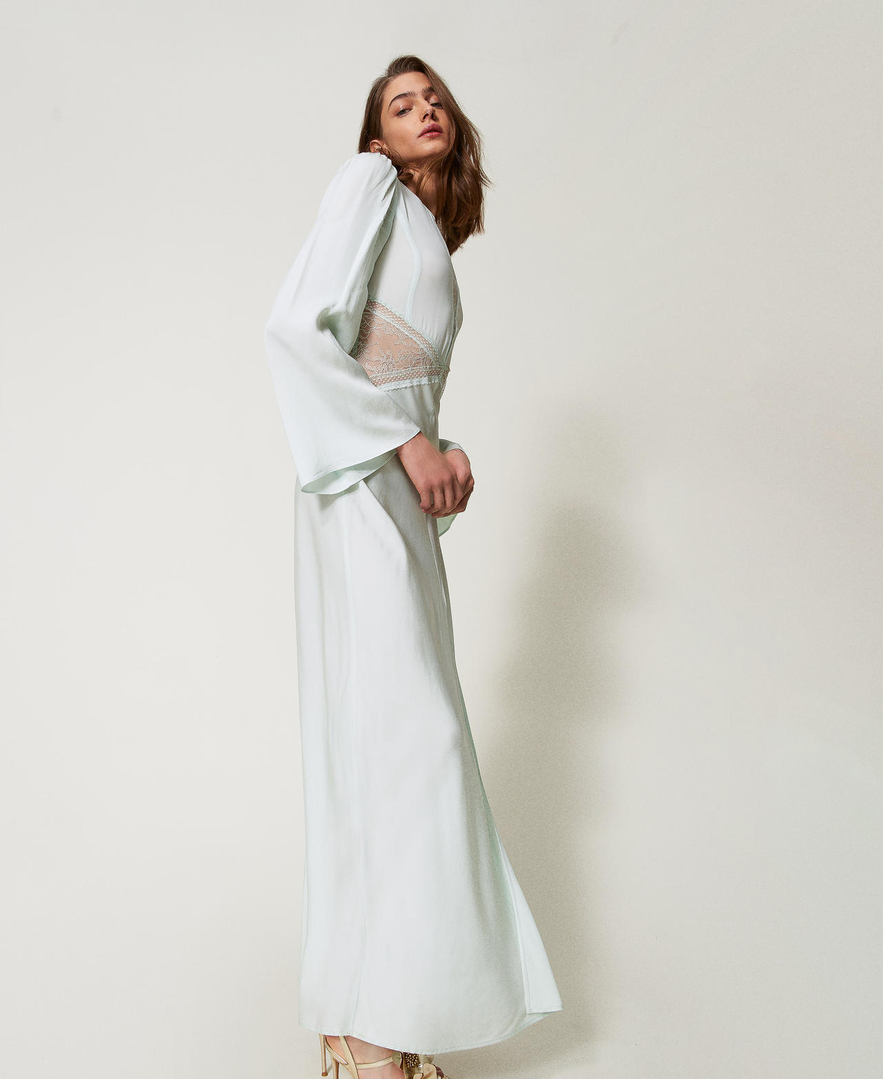 Long satin dress with lace Water Green Woman 251TT2111_12371_02