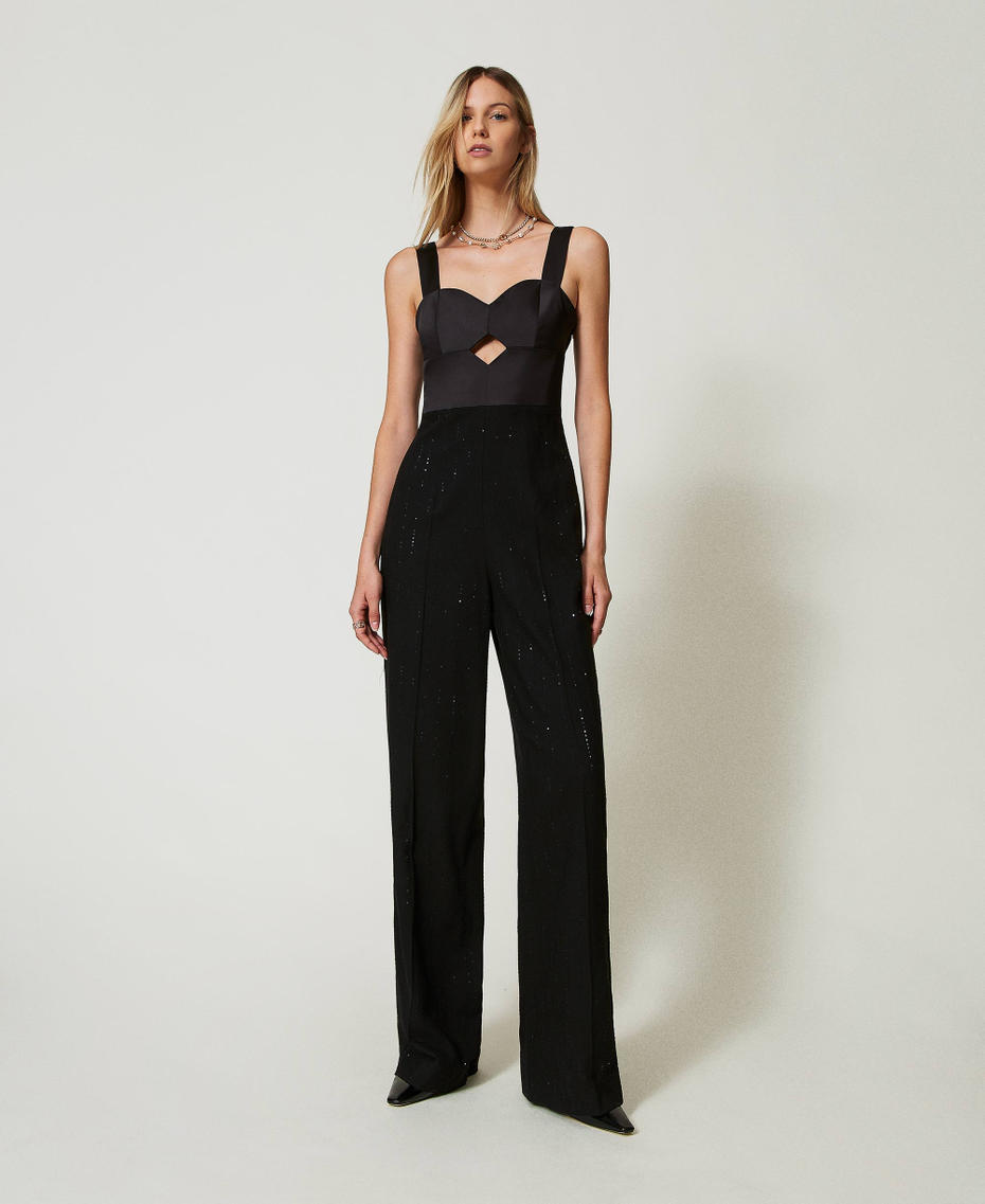 Satin and cloth jumpsuit with sequins Black Woman 242TT2165_00006_01