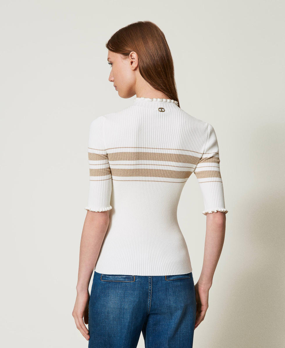 Jersey de cuello alto de canal&eacute; con rayas de l&uacute;rex Bicolor Blanco Nieve / Beige &laquo;Rope&raquo; L&uacute;rex Oro Mujer 251TP3420_12314_03