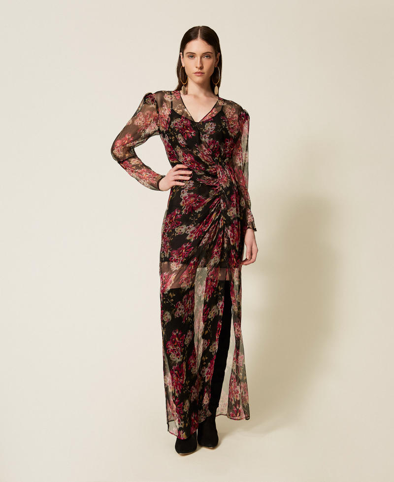 Long silk creponne floral dress Black/Magenta Floral Print Woman 252TS2353_13099_01