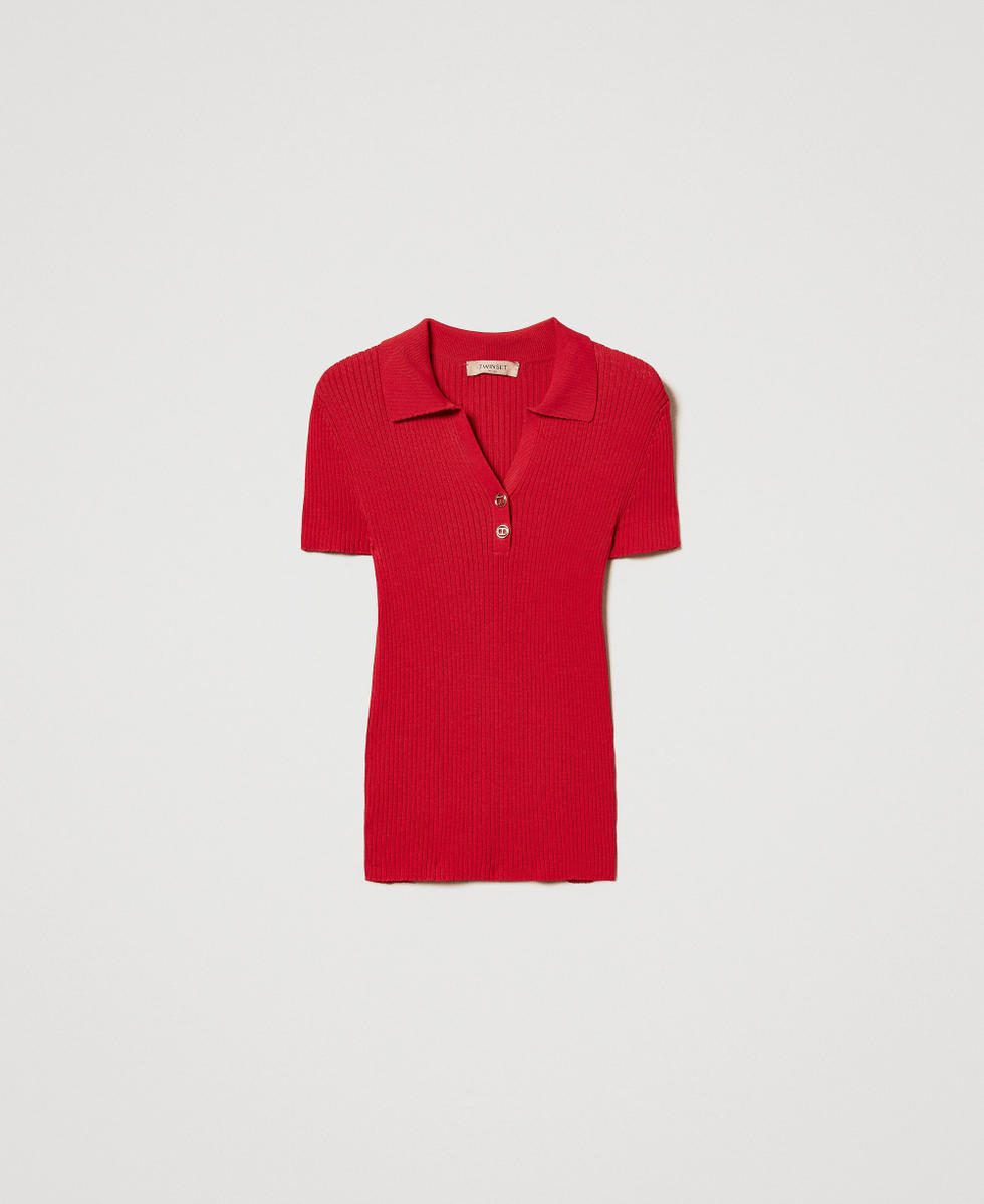 Gerippter Pullover im Polostil Hibiscus Red Frau 251TT3222_12365_S0