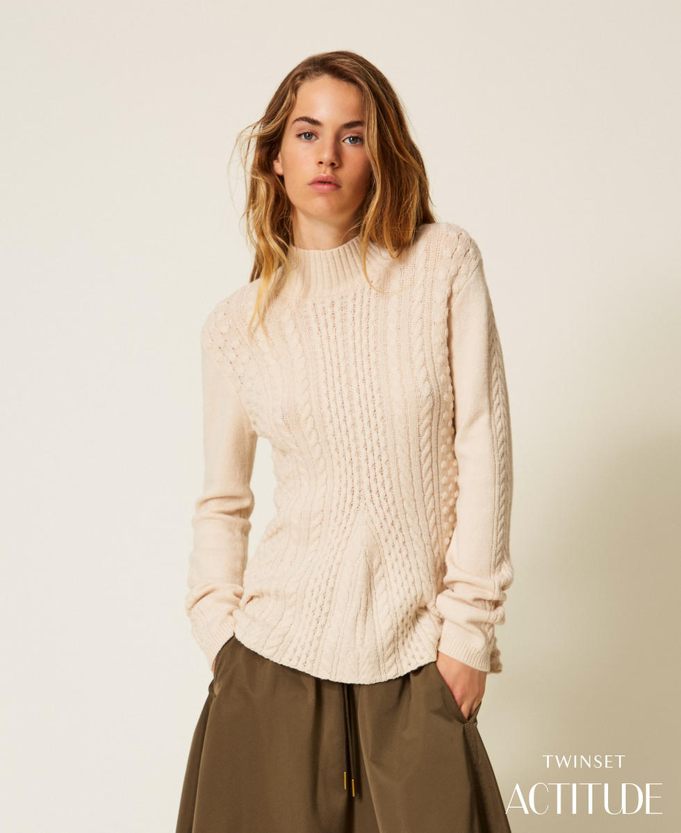 Cable knit turtleneck jumper Woman, Beige | TWINSET Milano