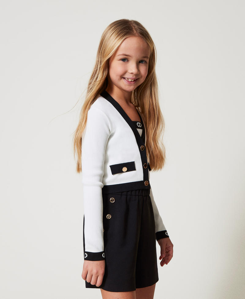 Ribbed cardigan with Oval T jacquard Bicolour "Ice" White / Black Girl 251GJ3QW4_02849_02