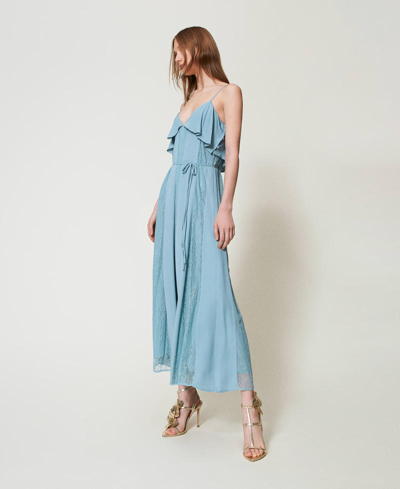 Long cr&ecirc;pe and Chantilly lace dress with ruffles Dusty Blue Woman 251TP2412_00485_02
