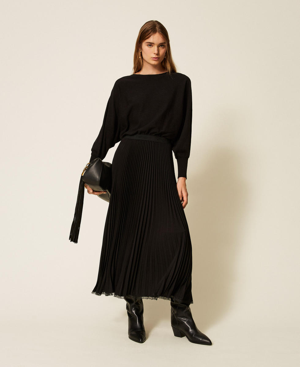 Robe longue en maille et cr&ecirc;pe pliss&eacute; Noir Femme 262TP3250_00006_01